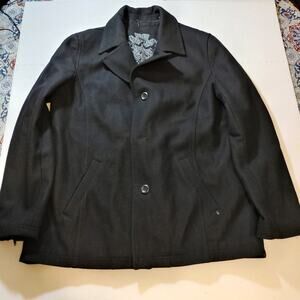 Black Rivet Mens XL Black Wool Blend Pea Coat Gothic Metal Art Graphic Lining